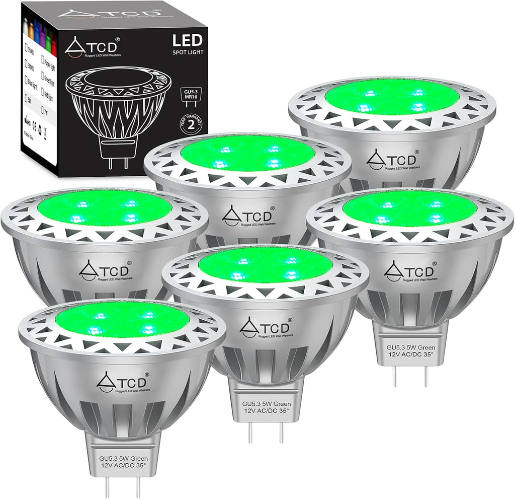 5W MR16 LED Bulb 12V AC/DC Green Lighting, GU5.3 Bi-Pin Base, 6 Pack