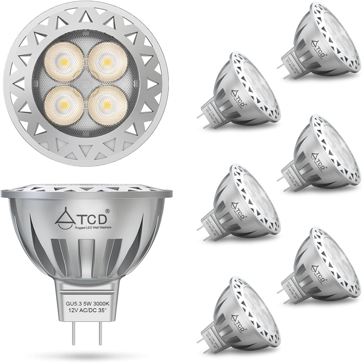 5W MR16 LED Bulb 12V AC/DC Soft Warm White 3000K, GU5.3 Bi-Pin Base, 6 Pack