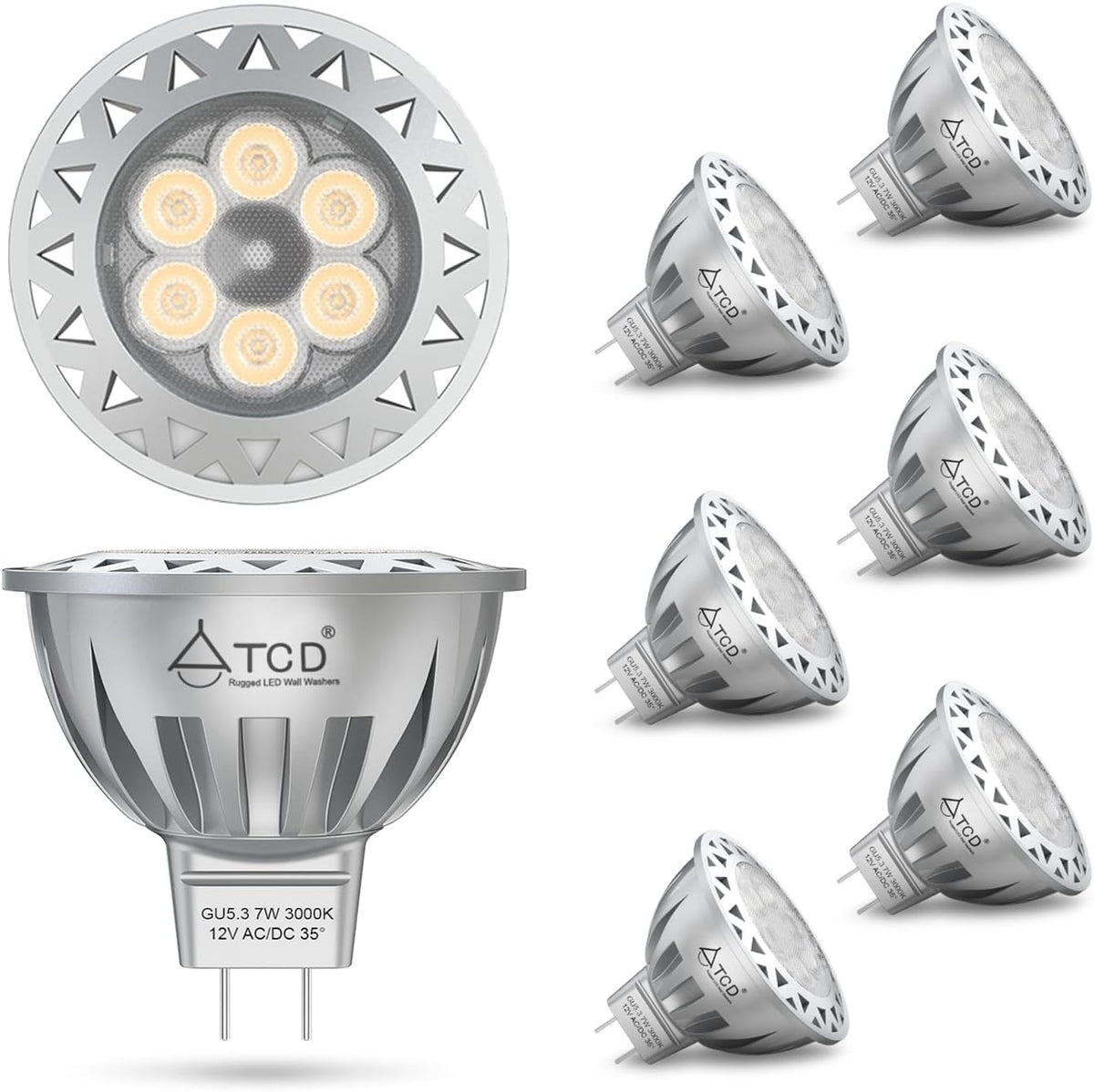 7W MR16 LED Light Bulb, 3000K Soft Warm White, 12V AC/DC GU5.3 Base, 6 Pack