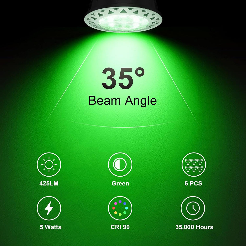 5W MR16 LED Bulb 12V AC/DC Green Lighting, GU5.3 Bi-Pin Base, 6 Pack