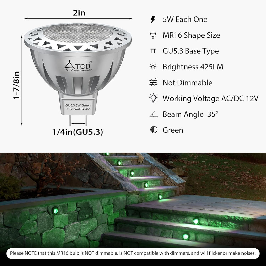 5W MR16 LED Bulb 12V AC/DC Green Lighting, GU5.3 Bi-Pin Base, 6 Pack