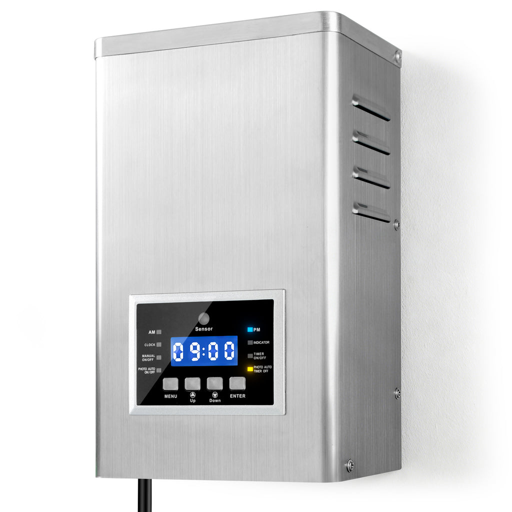 400-Watt Landscape Lighting Transformer with Dusk to Dawn Sensor and Timer, Stainless Steel Housing