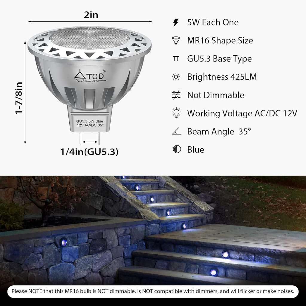5W MR16 LED Bulb 12V AC/DC Blue Lighting, GU5.3 Bi-Pin Base, 6 Pack