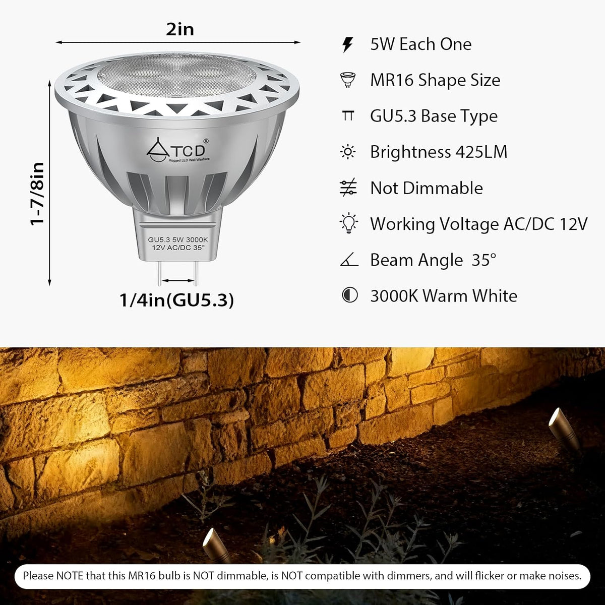 5W MR16 LED Bulb 12V AC/DC Soft Warm White 3000K, GU5.3 Bi-Pin Base, 6 Pack