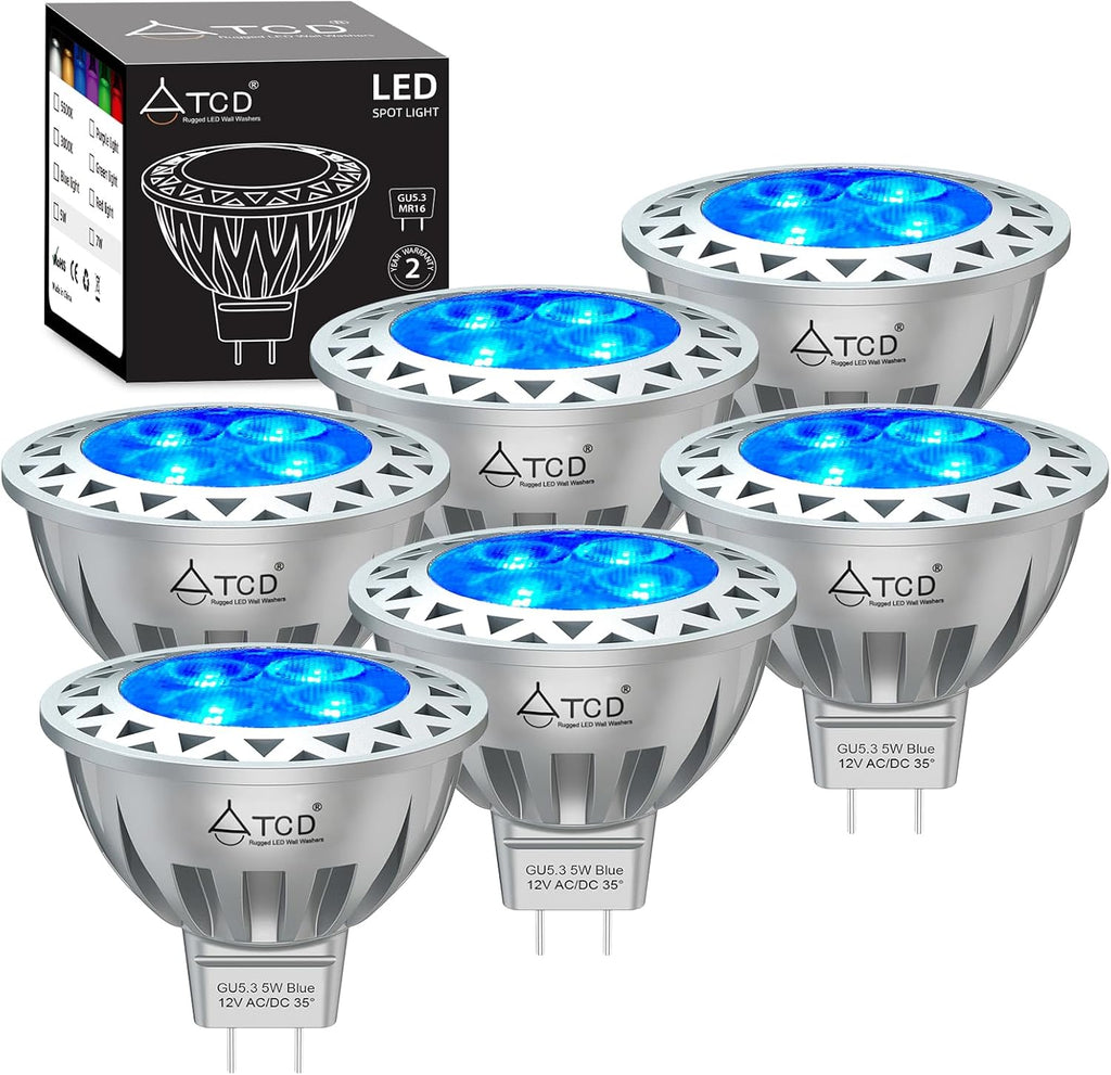 5W MR16 LED Bulb 12V AC/DC Blue Lighting, GU5.3 Bi-Pin Base, 6 Pack