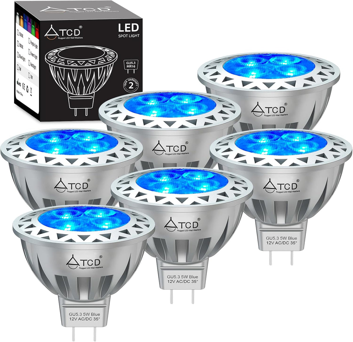5W MR16 LED Bulb 12V AC/DC Blue Lighting, GU5.3 Bi-Pin Base, 6 Pack