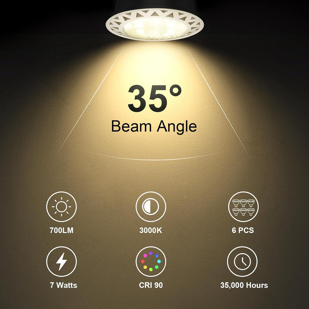 7W MR16 LED Light Bulb, 3000K Soft Warm White, 12V AC/DC GU5.3 Base, 6 Pack