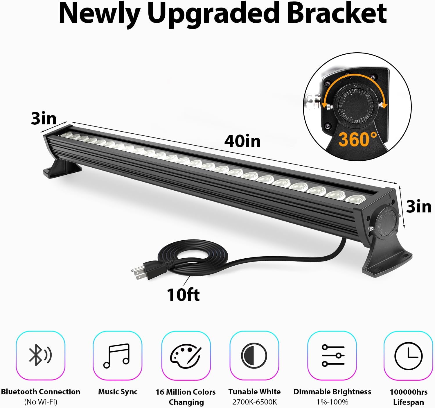 ATCD Lighting 168W Programmable RGB+CCT LED Wall Washer Light Bar, Single Cord with Plug