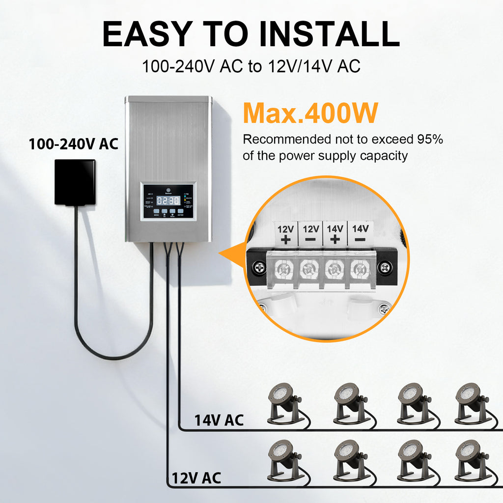 400-Watt Landscape Lighting Transformer with Dusk to Dawn Sensor and Timer, Stainless Steel Housing