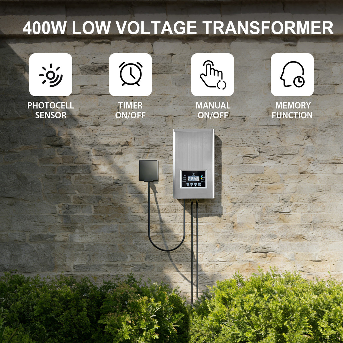 400-Watt Landscape Lighting Transformer with Dusk to Dawn Sensor and Timer, Stainless Steel Housing