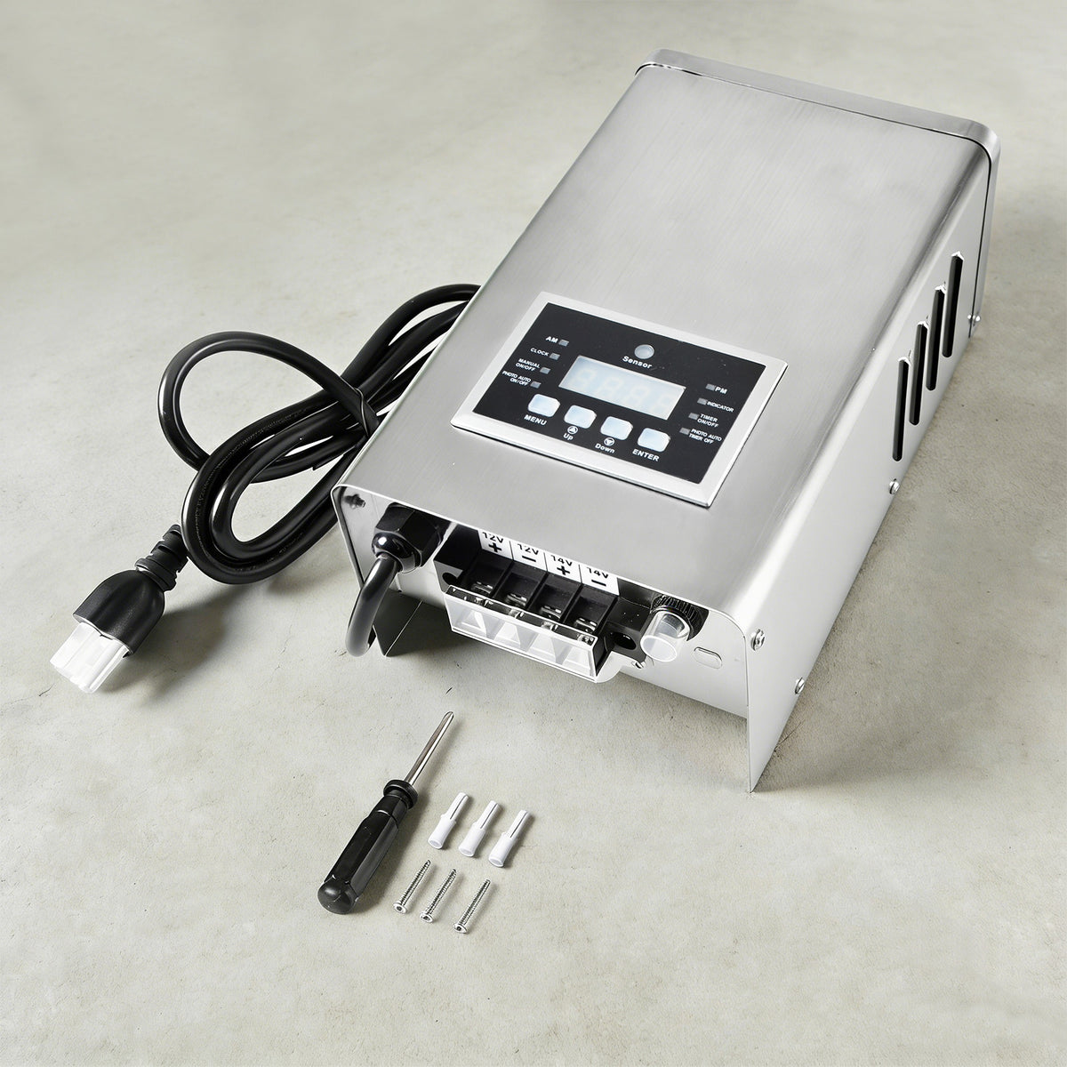 300-Watt Outdoor Landscape Lighting Transformer with Dusk to Dawn Sensor and Timer Built-in, Stainless Steel Housing, 12V-15V Output